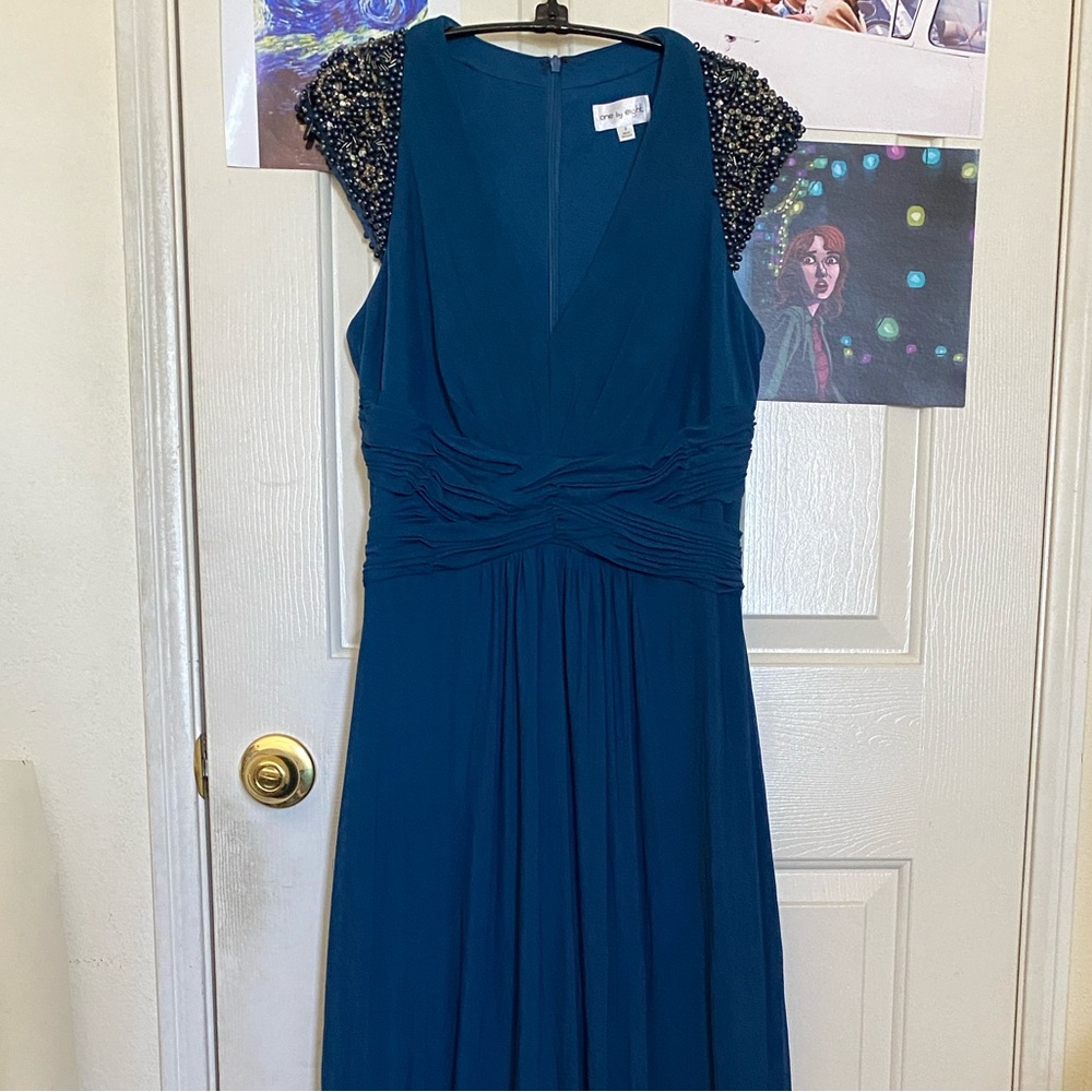 Blue Green Beaded and Bejeweled Flowy Short Sleeve V Neck Formal Gown
